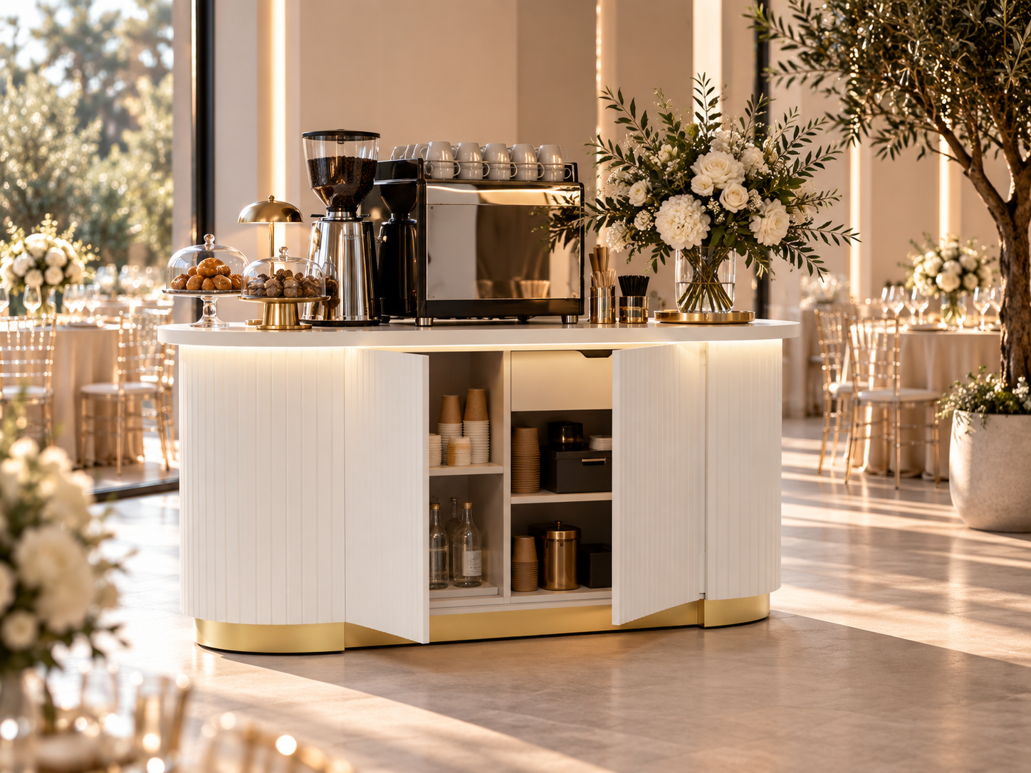 Mobilny bar eventowy z oświetleniem LED - biały, ryflowany, ze złotą podstawą - obrazek 2