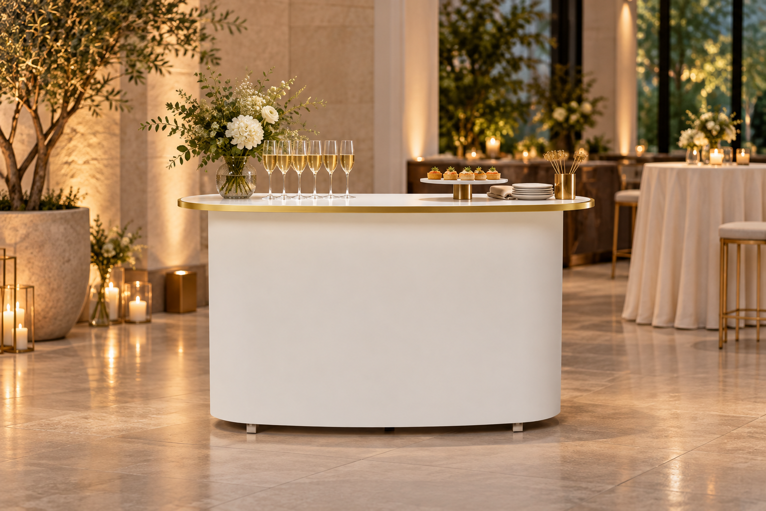 Mobilny bar dla barmanów - biały bar eventowy na kółkach ze złotym wykończeniem - obrazek 1