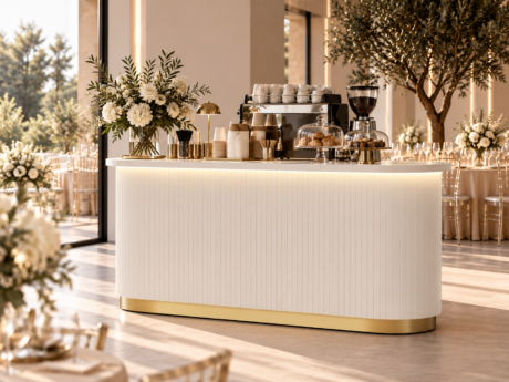 Mobilny bar eventowy z oświetleniem LED - biały, ryflowany, ze złotą podstawą