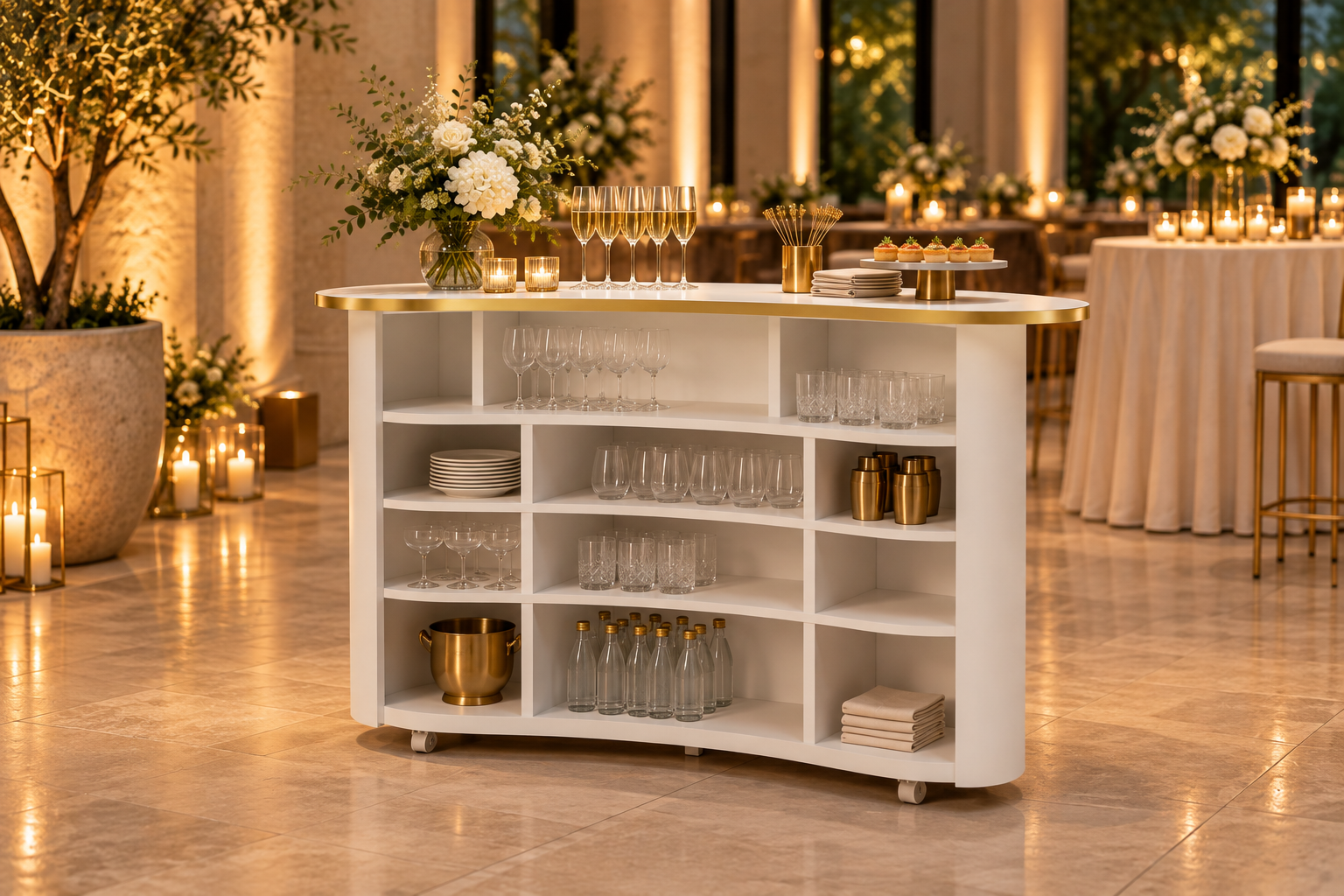 Mobilny bar dla barmanów - biały bar eventowy na kółkach ze złotym wykończeniem - obrazek 2